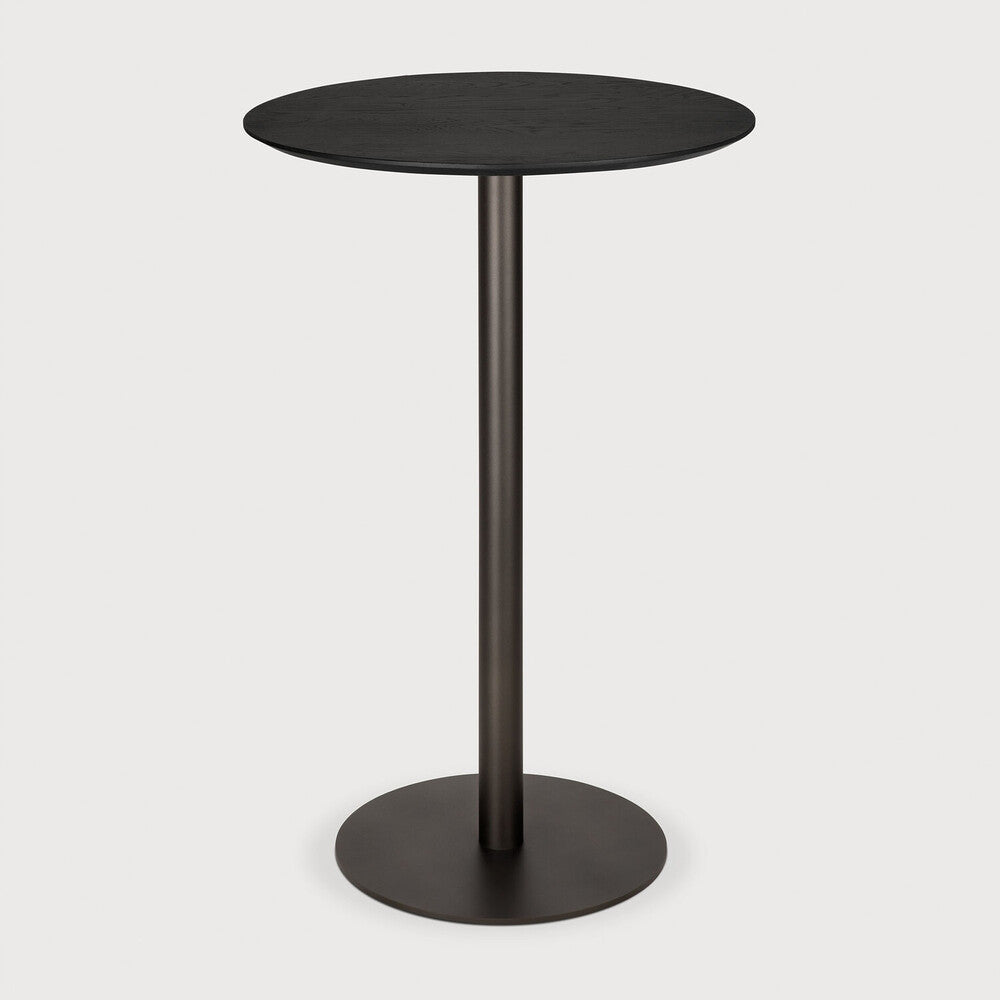 Ethnicraft Blend Bar Table in Oak Black, black varnished solid oak top on Dark Bronze metal base