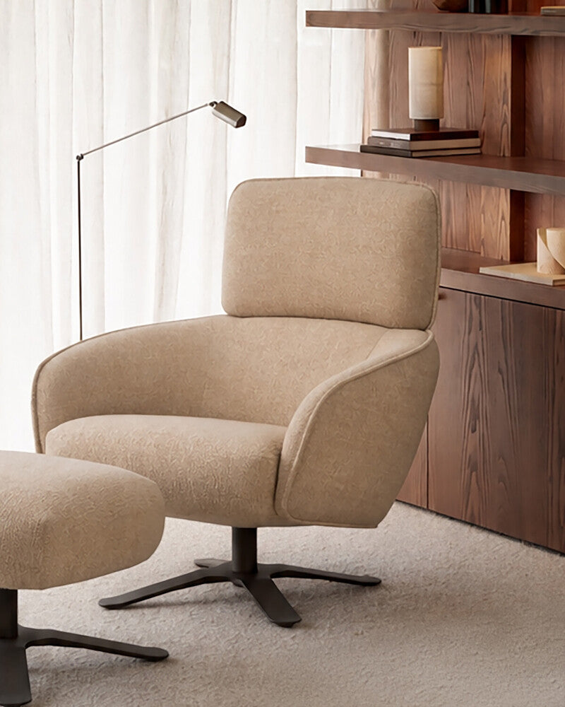 Ethnicraft Merge Lounge Chair in Loam, styled in an interior setting, recycled-content fabric