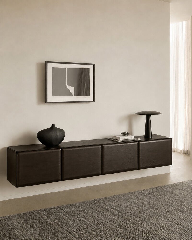 Ethnicraft PI Light Hanging Sideboard in Rose Brown, styled in an interior setting, mahogany