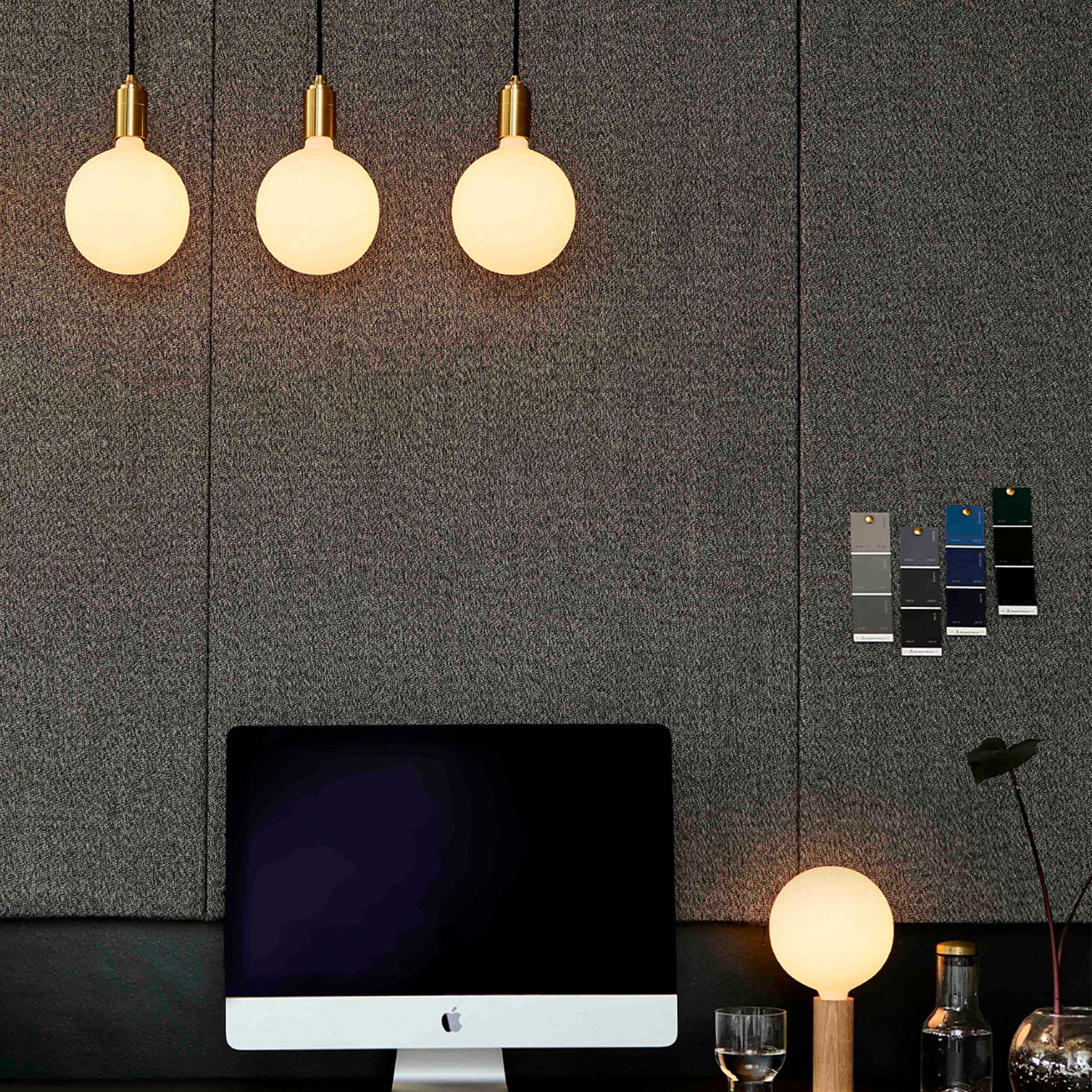 Tala Linear Triple Pendant in Brass with Sphere IV bulbs, styled in a home office