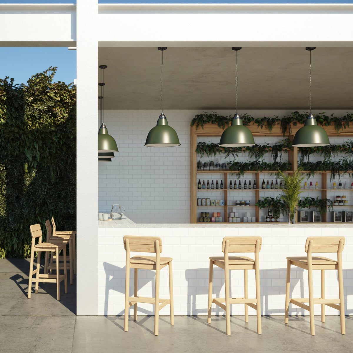 Case Tanso Bar Stools in Teak at an outdoor bar, styled on a terrace, Grade-A solid teak