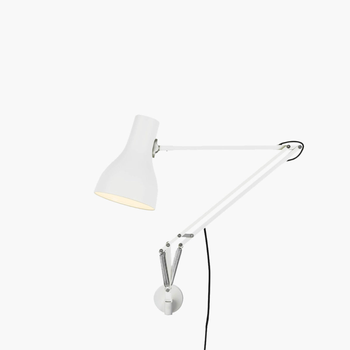 Anglepoise Type 75 Wall Mounted Lamp in Alpine White on its wall bracket, aluminum shade and arms