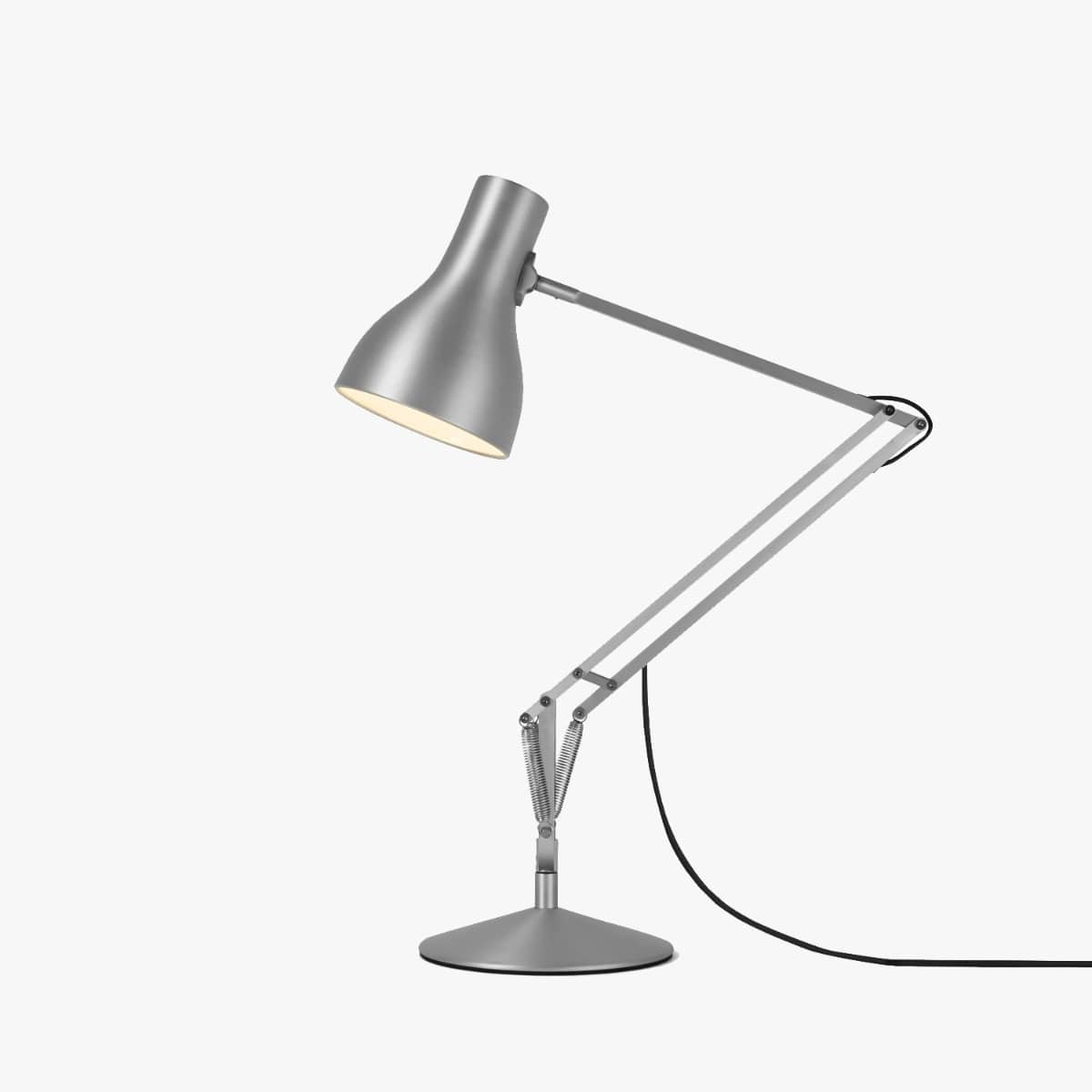Anglepoise Type 75 lamp in Silver Lustre on the table base included with the set, brushed aluminum