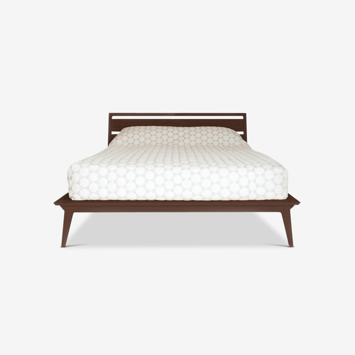Case Valentine Bed in Walnut Stain, front view, solid stained oak frame and slatted headboard
