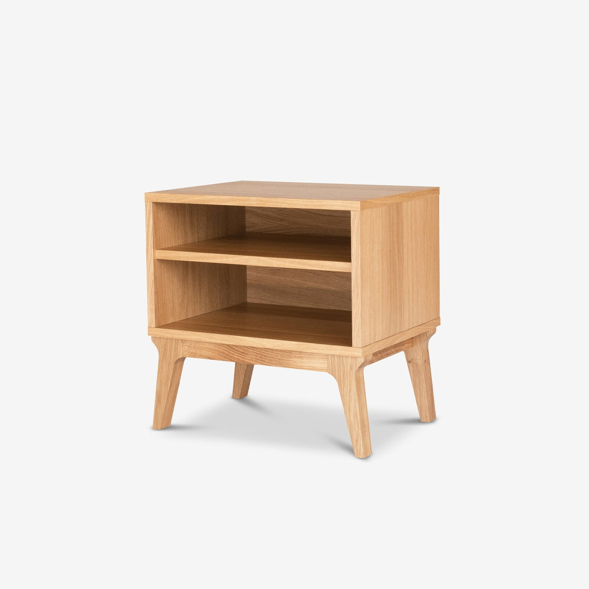 Case Valentine Bedside Table in Oak, solid oak base and oak veneer with two open shelves