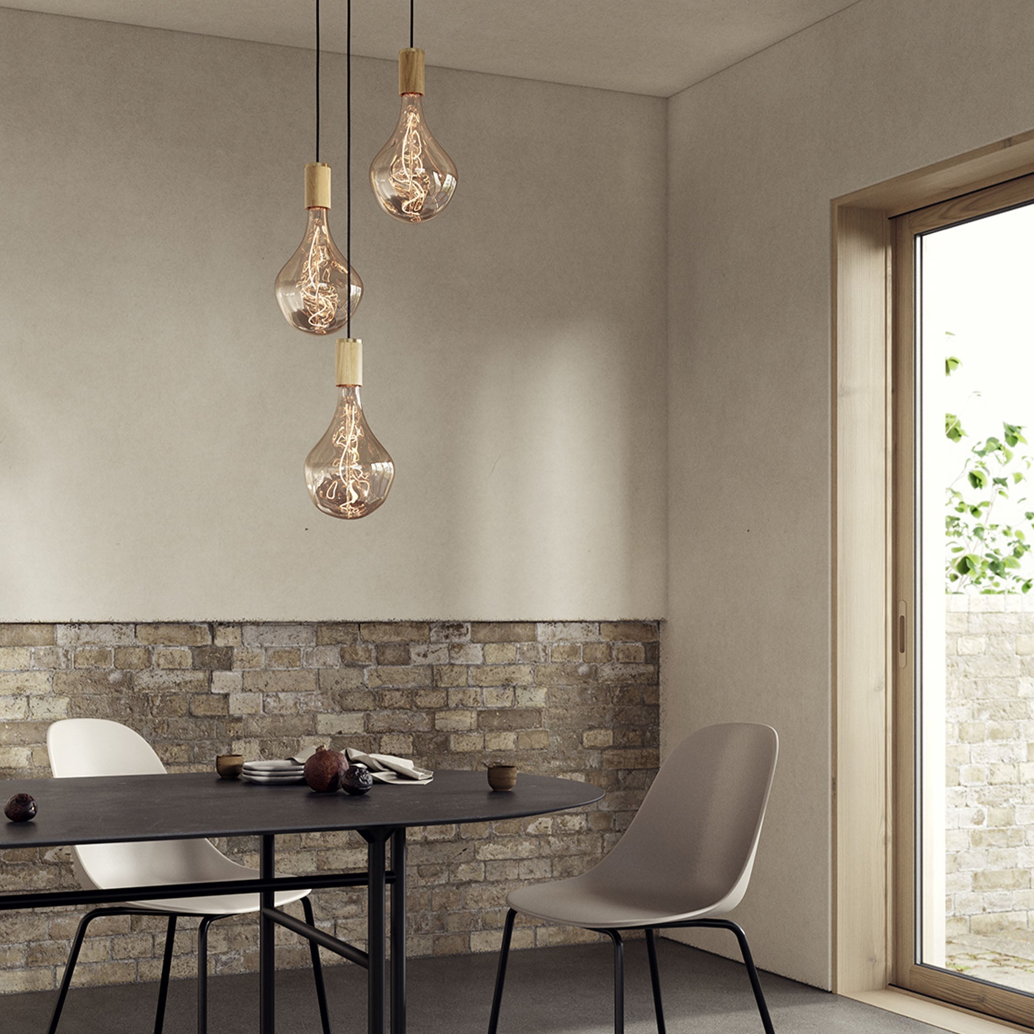 Tala Triple Pendant in Oak with Voronoi II bulbs — dining room lifestyle