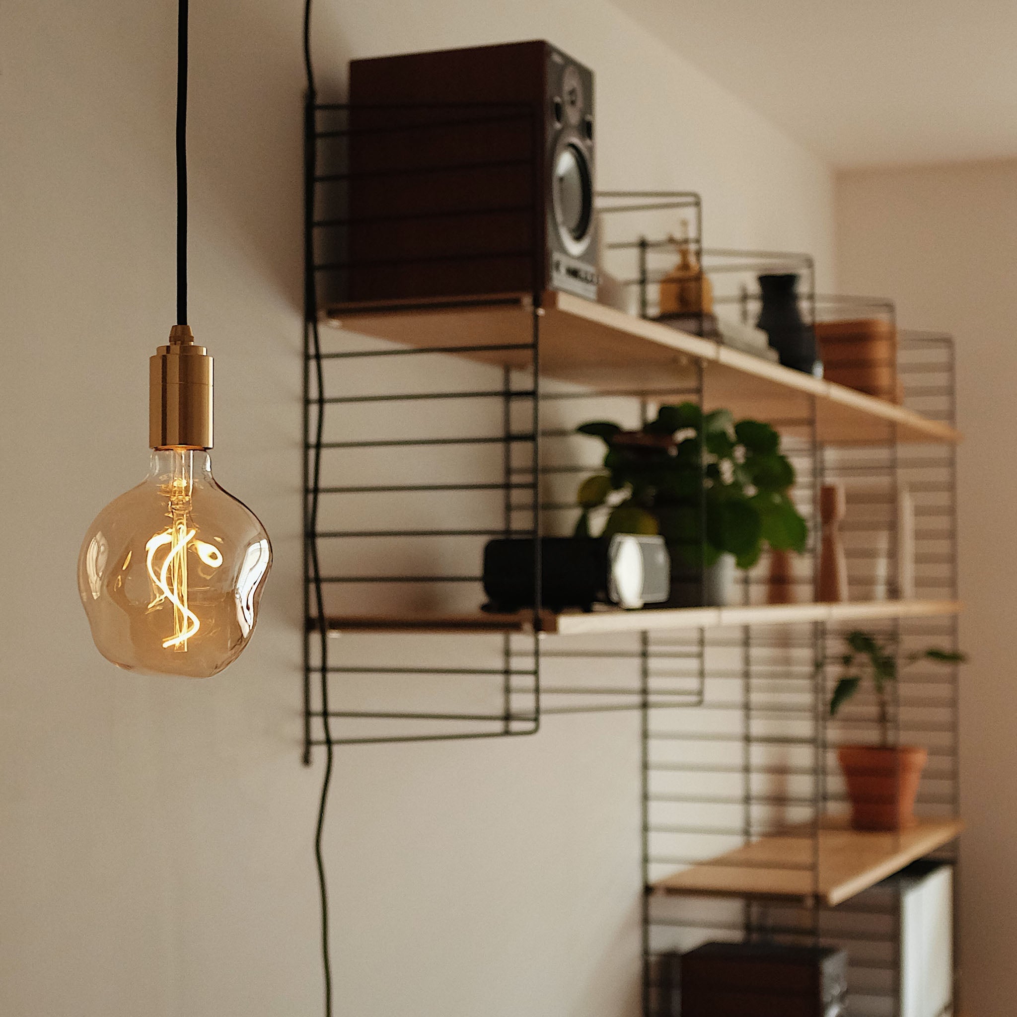 Tala Plug-In Pendant in Graphite — lifestyle photo in a living room, shown here with a Tala LED bulb installed (sold separately)
