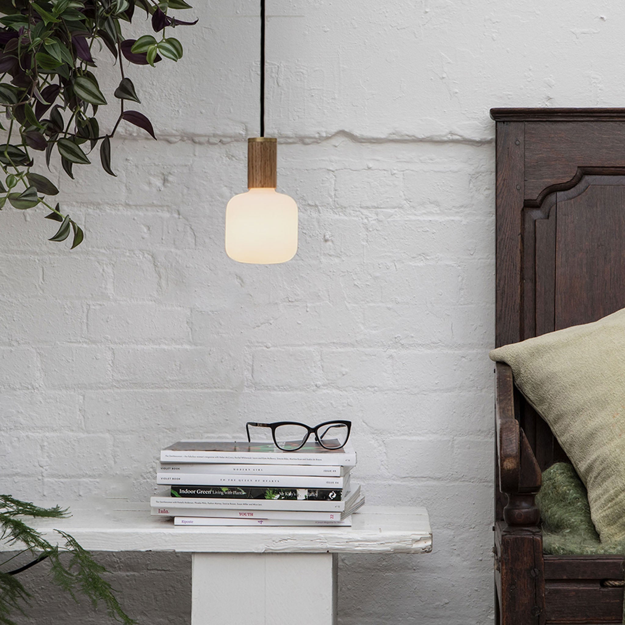 Oblo Pendant Light in Oak by Tala — lifestyle, bedroom bedside table setting